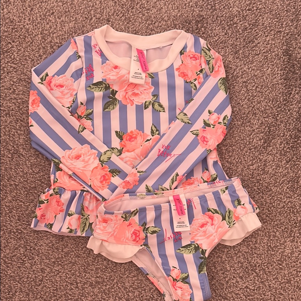 Betsey Johnson Pink Floral Blue Striped Swimwear